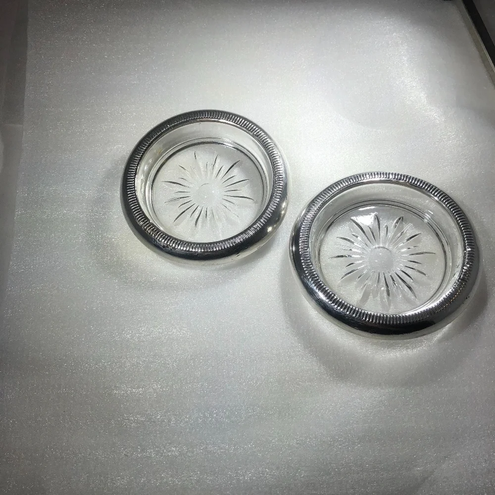 VINTAGE CROWN STERLING & CRYSTAL SUNBURST COASTERS OR ASHTRAYS - SET OF 2